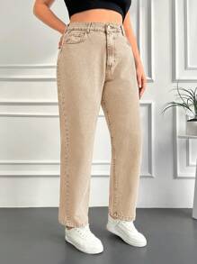 SHEIN Cottnline Plus Size High Waisted Straight Leg Jeans - Apricot - View 1