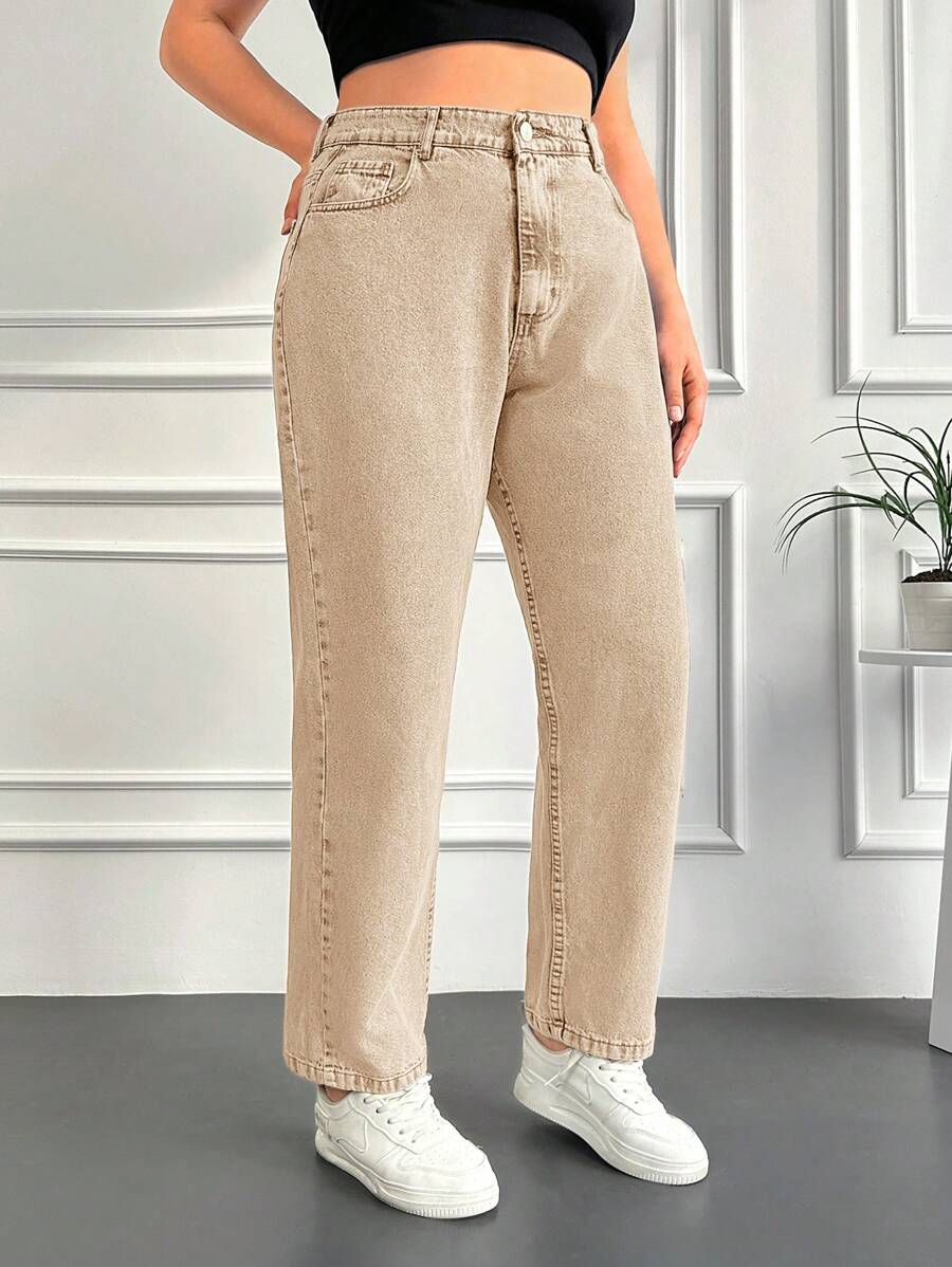 SHEIN Cottnline Plus Size High Waisted Straight Leg Jeans - Apricot - View 1