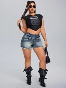 Shorts de mezclilla para mujer de talla grande con flecos, casuales, para el verano