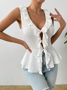 Chiquease Women's V-Neck Sleeveless Top With Ruffle Straps And Hem, Simple Yet Fashionable - White - View 5