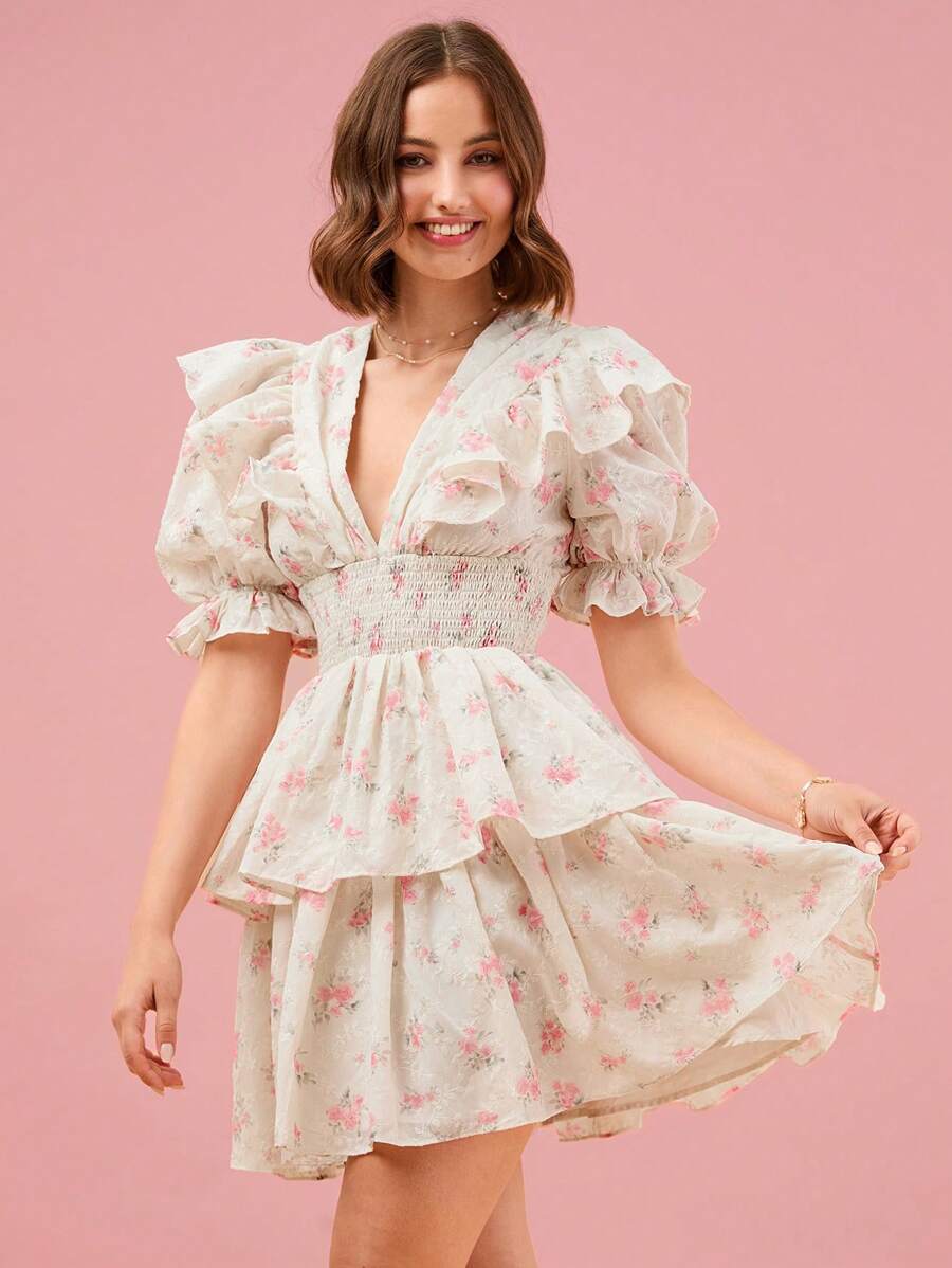 Enchnt Đầm tay ngắn tay phồng in hoa dành cho nữ mặc hàng ngày - Hồng - Xem 1