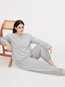 LUVLETTE 柔软棉质莫代尔休闲长款女士睡衣套装休闲套装 - 淺灰色 - 查看 4