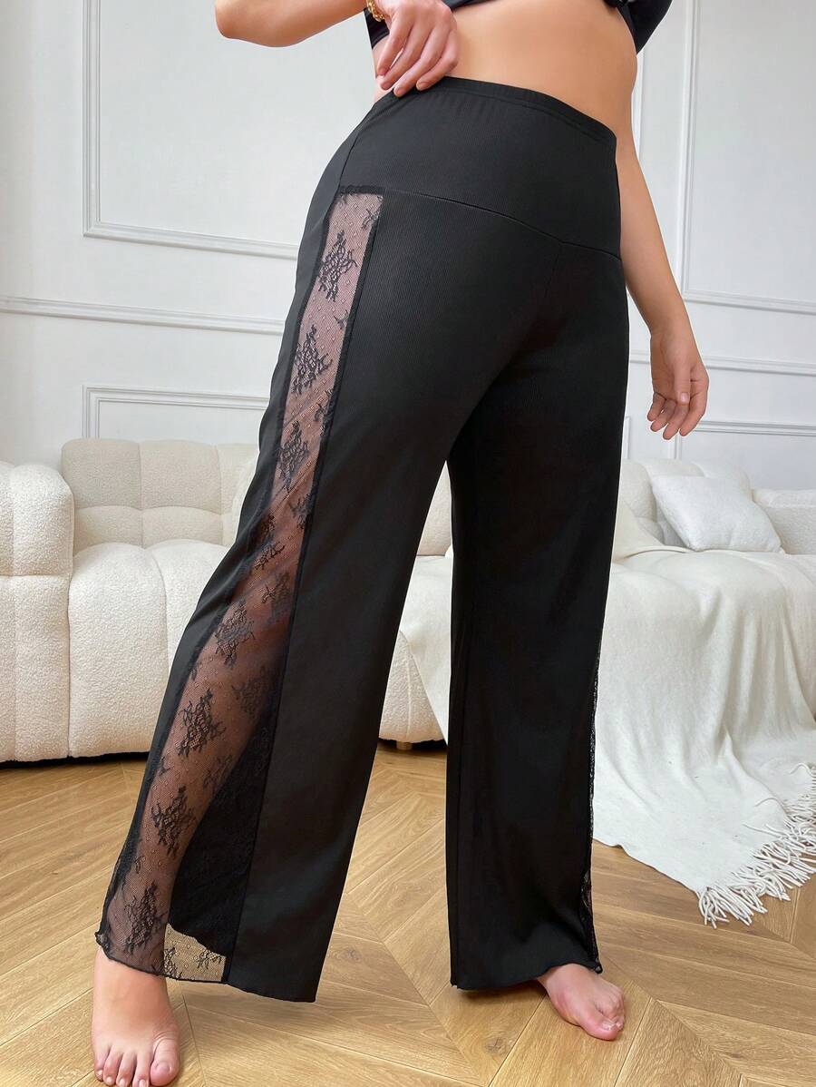 大尺碼純色性感睡衣底褲，側邊花邊裝飾