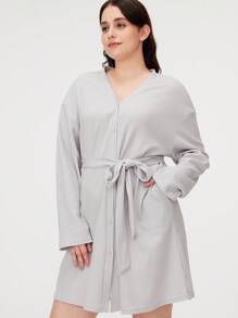 LUVLETTE 华夫格针织短款女士睡袍配领带棉质睡衣睡袍 - 淺灰色 - 查看 3