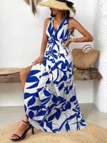 Breezaya Women's Vacation Plant Printed V-Neck Waist Pleated Sleeveless Long Casual Dress Maxi Vacation Beach Outfit - Multicolor - View 4