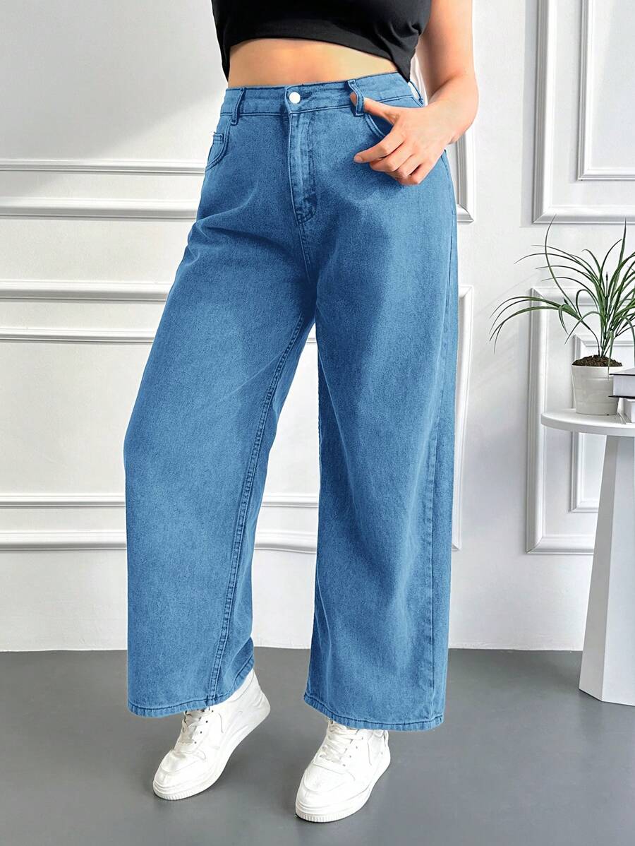 SHEIN Cottnline Talla grande Jeans con cremallera de pierna ancha - Azul - Ver 1