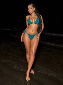 Swim SXY Women's Summer Beach Solid Color Ruched Halter Halter Sexy Bikini Set - Blue - View 7