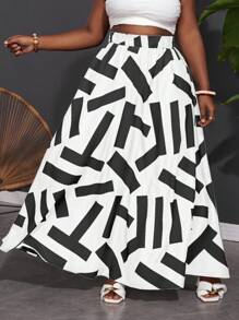 SHEIN Slayr Faldas elegantes y de ocio para vacaciones con estampado en blanco y negro con cintura elástica y corte alto-bajo en talla grande - C - Blanco y Negro - Ver 1