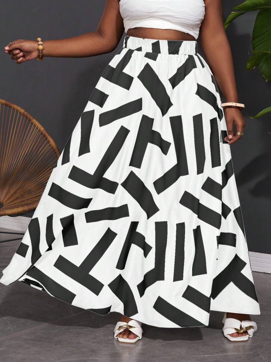 SHEIN Slayr Faldas elegantes y de ocio para vacaciones con estampado en blanco y negro con cintura elástica y corte alto-bajo en talla grande - C - Blanco y Negro - Ver 1