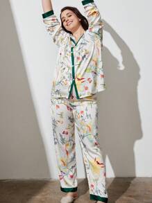 LUVLETTE 秋冬季碎花缎面长款女士睡衣套装休闲套装内衣秋季睡衣 - 綠色 - 查看 5