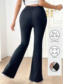 Mulvari 女士针织日常休闲长开叉打底喇叭紧身裤，全长，快干，弹力材质，适合健身跑步瑜伽 - 藍色 - 查看 4