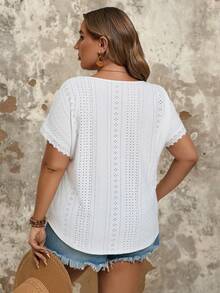 SHEIN VCAY Plus Size White Knitted Textured T-Shirt With V-Neckline And Hollow-Out Embroidery Design - Multicolor - View 2