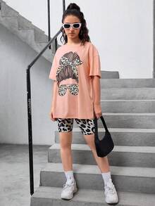 SHEIN Teen Girl's Knitted Leopard Print Personalized Round Neck Loose Top And Knitted Leopard Print Shorts Two-Piece Set - Multicolor - View 8