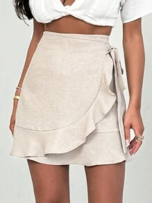 EURMUSE Women Mini Beige Ruffle Trim Wrap Skirt - Beige - View 1