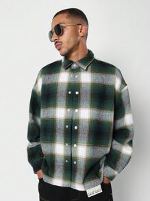 SUMWON St. Patrick's Day Flannel Plaid Button Down Shirt Herringbone Pattern Casual Streetwear Lucky Charm Shamrock Green Winter Outerwear Irish-Themed Holiday Apparel