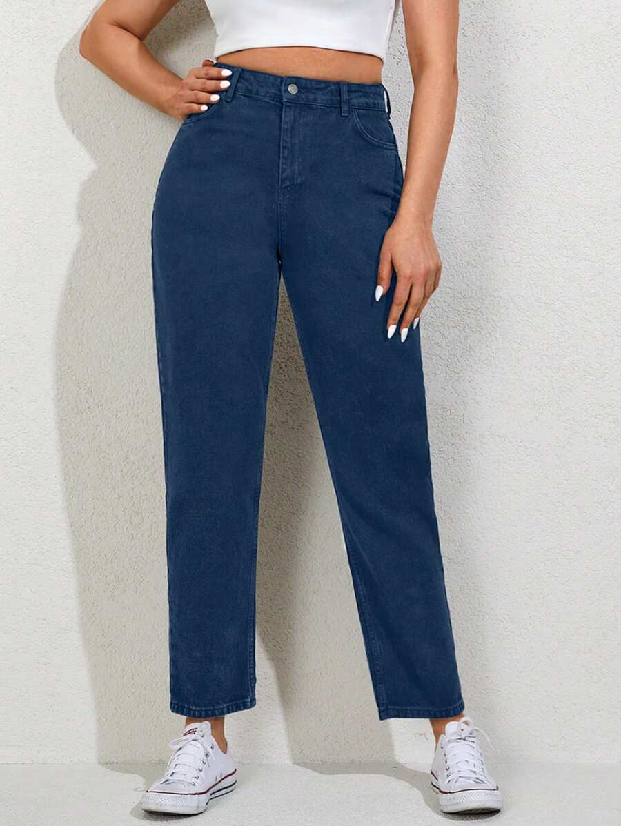 EURMUSE Plus Size  Solid Color Front Button Multiple Pockets Long Pants, Daily Casual - Medium Wash - View 1
