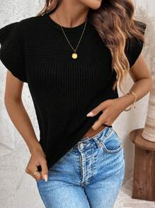 SHEIN LUNE Áo len nữ nhún bèo màu đen thường ngày, thu đông - màu đen - Xem 5