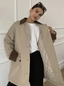 DAZY 女士撞色宽松长袖翻领口袋羽绒服，冬季女装，冬季外套