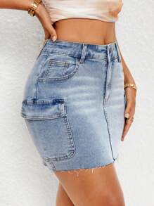 SHEIN Essnce Váy mini có viền thô có túi nắp - Rửa nhẹ - Xem 3