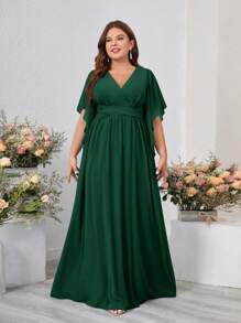 SHEIN Belle Plus Size Ruffle Bridesmaid Dress, Cross Waist And Ruffled Neckline Elegant Dress