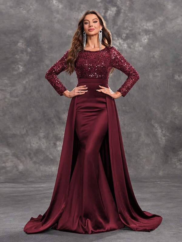 YISIKADO Women Sequin Contrast Satin Ball Gown Elegant Modest Evening Dress Long Sleeve Round Neck Maxi Dress For Wedding Guest Graduation Banquet Dinner