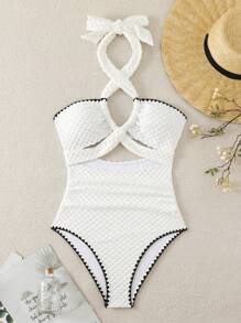Swim Mod Contrast Binding Cut Out Halter Summer Beach One Piece Swimsuit - White - View 6