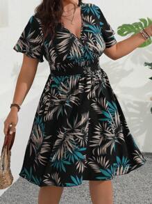 EMERY ROSE Plus Size Boho Holiday Casual Tropical Printed Cinched Waist Dress, For Summer - Black - View 6