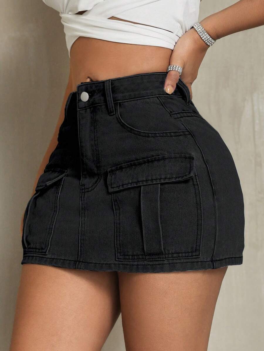 SHEIN SXY Solid Flap Pocket Denim Skirt - Black - View 1