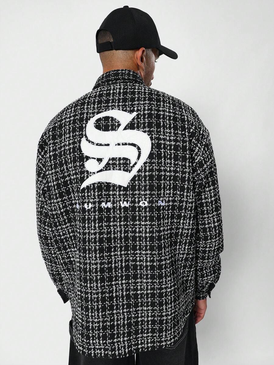 SUMWON Designer Tweed Button Up Overshirt Jacket Streetwear Fashion Long Sleeve Classic Check Pattern Winter Fall Casual Outerwear Workwear Style High End Clothing - Black and White - View 1