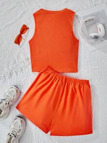 少女無袖圓領字母印花上衣和短褲套裝，日常休閒穿搭 - 橘色 - 查看 2