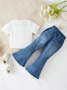 SHEIN Traje de niña joven con elemento de mariposa nuevo, pantalones con abertura y vuelo de encaje + camiseta con mariposa y flecos