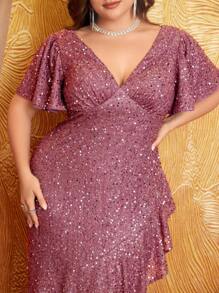 UNITHORSE Plus Size Front & Back V-Neck Flare Sleeve Uneven Ruffle Hem Elegant Glitter Formal Dress, Party Dress, Wedding Guest Dress, Evening Dress, Bride Dress, Birthday Women Outfits, Graduation Dress, Formal Dress,Gown - Dusty Pink - View 6