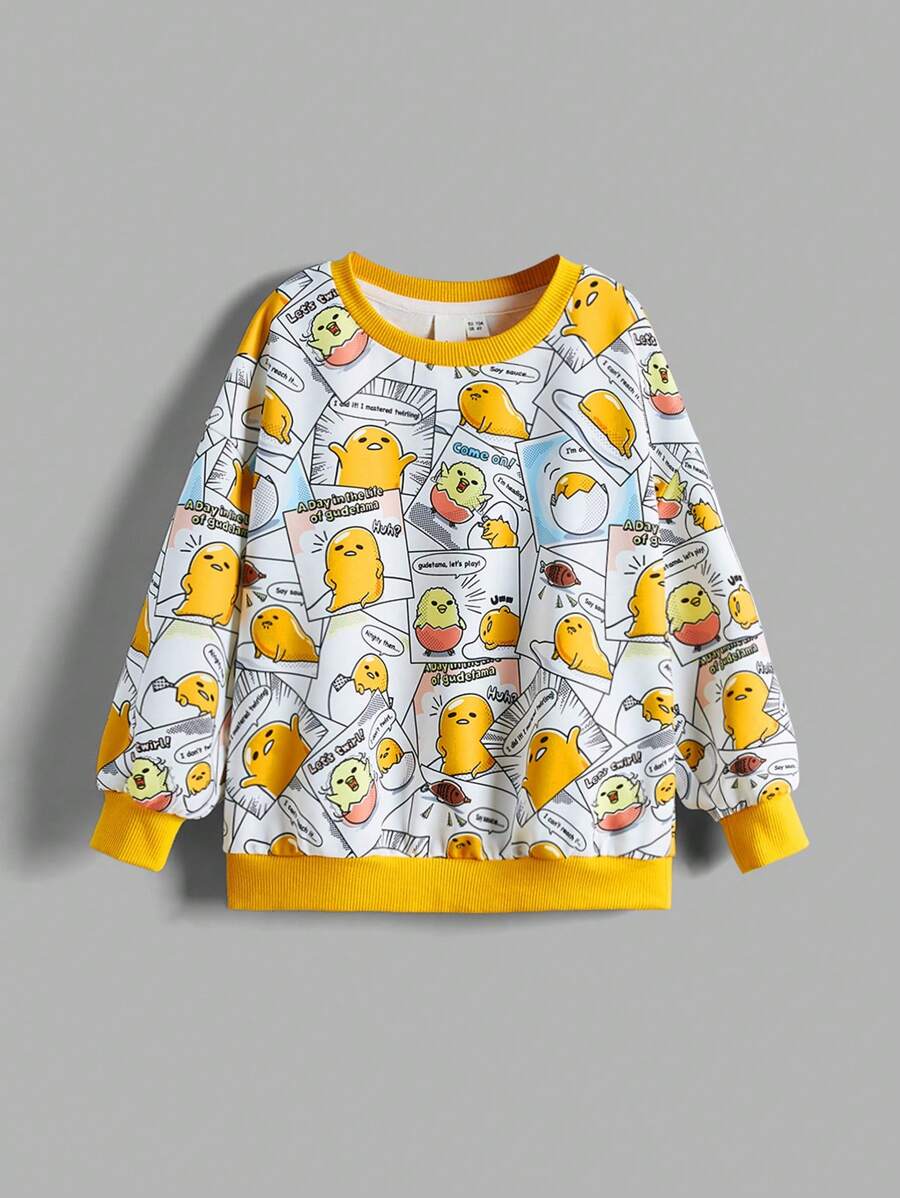 Gudetama X SHEIN 青年男孩卡通蛋印花圓領休閒運動衫 - 黃色 - 查看 1