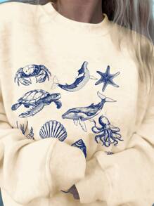 Muchica 時尚海洋生物印花連帽寬鬆長袖女士運動衫 - 米色 - 查看 3