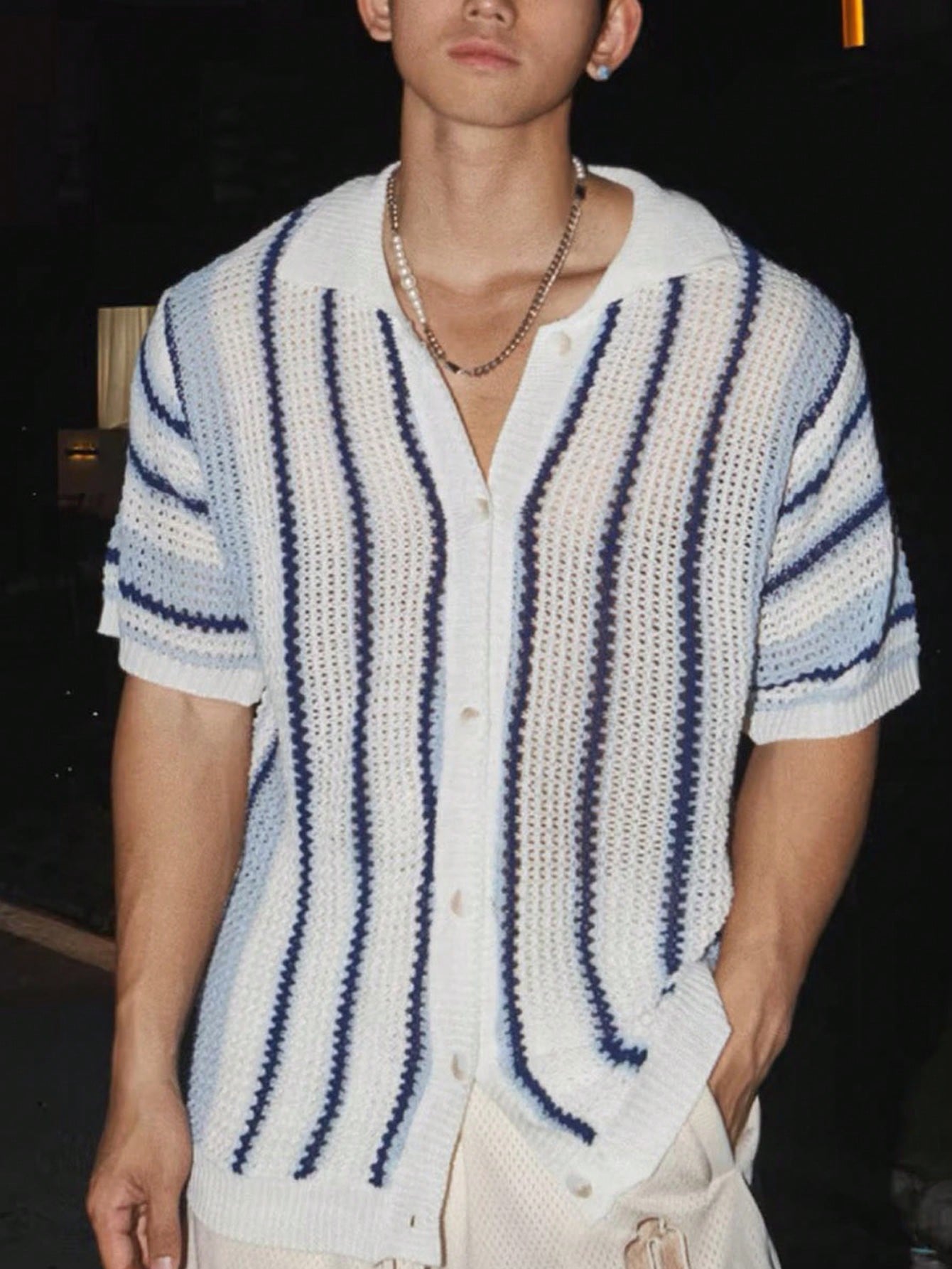 Manfinity Dauomo Men Striped Pattern Pointelle Knit Cardigan For Summer