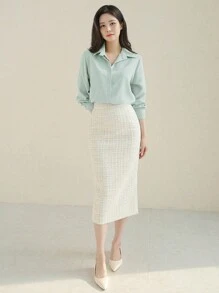 DAZY 纯色纽扣衬衫领上衣，日常休闲装工作衬衫，秋季女装长袖上衣 - 薄荷綠 - 查看 4