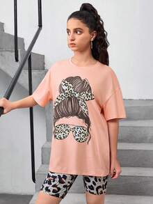 SHEIN Teen Girl's Knitted Leopard Print Personalized Round Neck Loose Top And Knitted Leopard Print Shorts Two-Piece Set - Multicolor - View 5