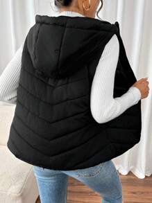 SHEIN Frenchy 女士无袖连帽绗缝加厚外套，秋冬保暖，女士深秋休闲口袋，拉链连帽修身黑色纯色女士加厚外套，冬季保暖/冬季时尚 - 黑色 - 查看 2