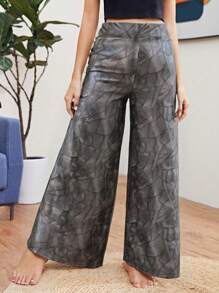 SHEIN Essnce Pantalones de pierna ancha casuales de verano para mujer, pantalones palazzo sólidos y aleatorios estampados con estilo simple y largos para uso diario, atuendos para maestras, ropa para el 4 de julio - Café integral - Ver 4
