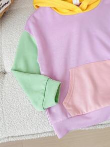 SHEIN 年輕女孩針織拼色連帽寬鬆休閒毛衣，附有大口袋 - 彩色 - 查看 4