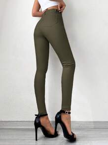 SHEIN Cottnline Solid Cropped Skinny Jeans - Dark Green - View 2