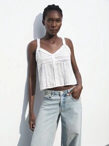 Maija 夏季休闲拼接蕾丝宽松吊带背心，白色