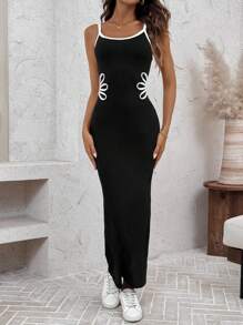 SHEIN LUNE Vestido negro largo y ceñido al Body de estilo urbano para mujer con abertura alta y tirantes spaghetti, otoño - Negro - Ver 4
