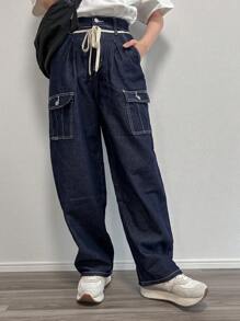 FRIFUL Pantalones vaqueros de mujer con bolsillos grandes de unicolor