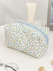 清新碎花化妆包绗缝旅行化妆包拉链袋八角形手持化妆包大容量绗缝化妆包女士可爱唯美花卉洗漱用品收纳包蓬松化妆包适合送礼、朋友、女士、生日礼物、返校用品