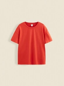 SHEIN Tween Chłopięcy czerwony okrągły dekolt w kształcie skrzydła nietoperza, swobodny, luźny, podstawowy t-shirt na wiosnę i lato, na powrót do szkoły - Czerwony - Zobacz 1