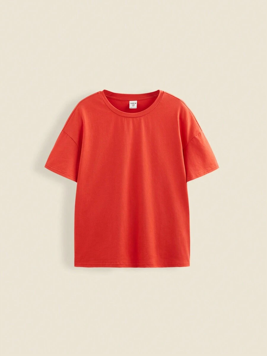 SHEIN Tween Chłopięcy czerwony okrągły dekolt w kształcie skrzydła nietoperza, swobodny, luźny, podstawowy t-shirt na wiosnę i lato, na powrót do szkoły - Czerwony - Zobacz 1