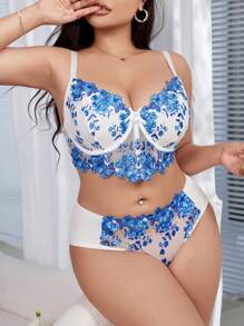 QuietHaus 2 件套刺绣加大码钢圈文胸和内裤内衣套装，性感内衣 - 藍白色 - 查看 4