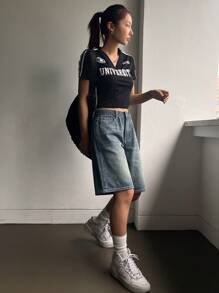 DAZY 高腰百搭丹寧半身短褲 - 深色水洗藍 - 查看 2