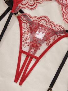 Women's Sexy 3-Piece Set With Color-Contrasting Embroidery, Bra And Panty Set - Burgundy - View 4